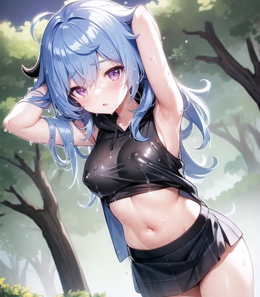 1girls adjusting_hair ai_generated armpits blue_hair breasts commentary ganyu_(genshin_impact) genshin_impact horn medium_breasts navel nipples purple_hair skirt stable_diffusion unajyu wet wet_clothes