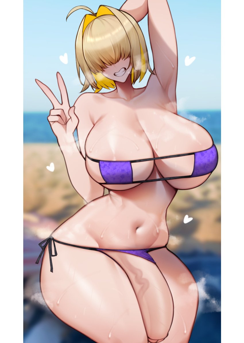 1futa ahoge armpits bangs bikini blonde_hair breasts clothed clothing elegg_(nikke) erection eyepatch_bikini futa_only futanari goddess_of_victory:_nikke hair_over_eyes hearts hi_res hips huge_breasts huge_cock human light-skinned_futanari light_skin mostly_nude penis short_hair solo solo_futa thick_thighs thighs unbeller wide_hips