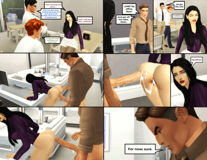 1boy1girl 1girls 3boys animated ass ass_slap big_penis black_hair bottomless clark_kent comic cum cum_in_pussy cum_string dc dc_comics dialogue dialogue_box doggy_style forced forced_sex jimmy_olsen lois_lane long_hair perry_white pof3445 sims4 superman_(series) text