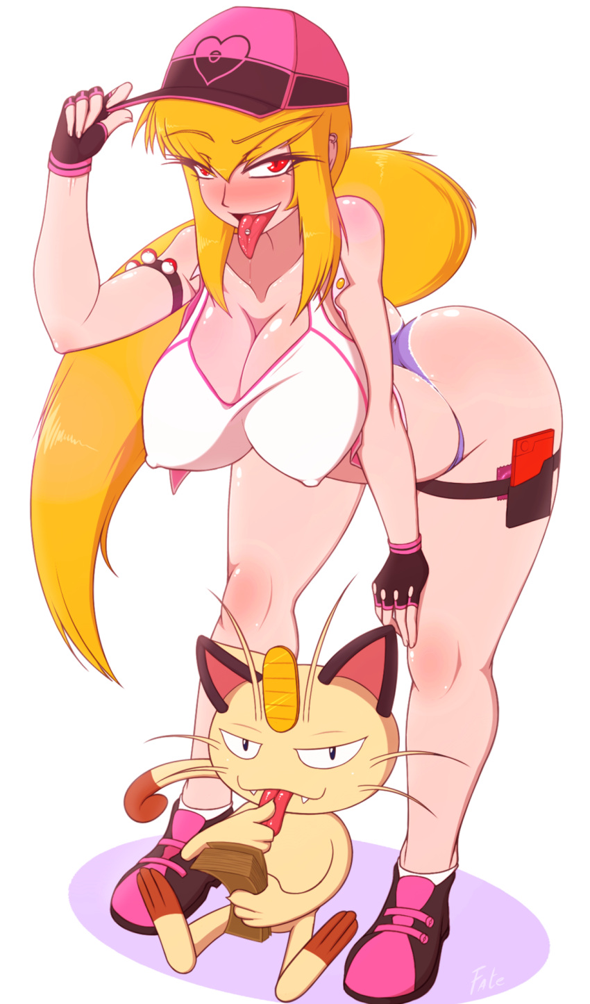 ass bare_arms bare_legs bare_shoulders bare_thighs big_ass big_butt blonde_hair blush clothed clothing color fatelogic female female_focus game_freak gloves hat hi_res light-skinned_female light_skin looking_at_viewer looking_pleasured meowth money nintendo nipples_visible_through_clothing nym_rose piercings pleasure_face pokeball pokedex pokemon pokemon_(species) red_eyes tagme thick_thighs tongue tongue_out white_background