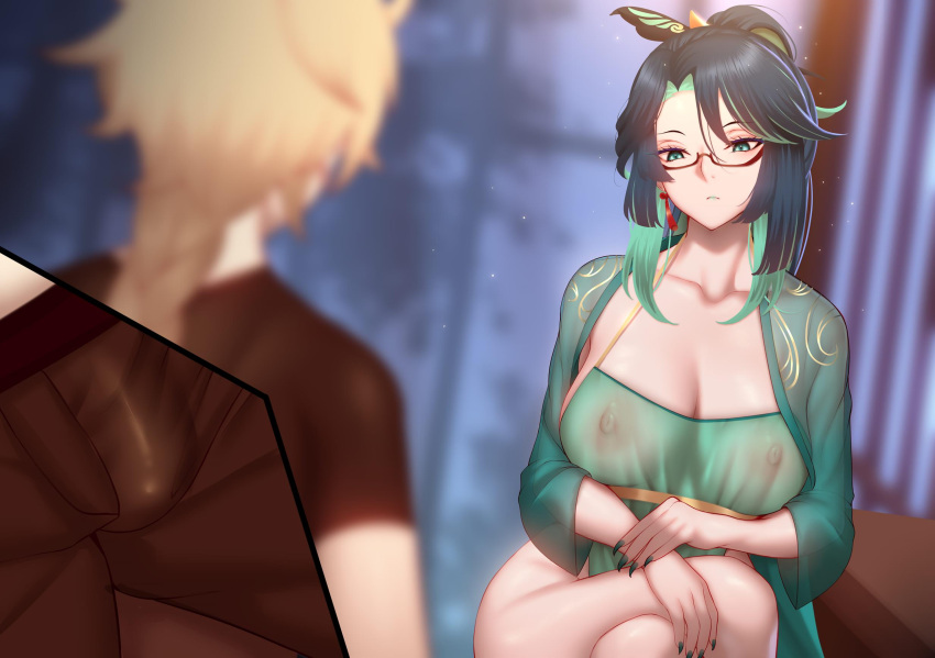 1boy 1girls aether_(genshin_impact) big_breasts censored color drawing genkung genshin_impact imminent_sex long_hair mihoyo nipples nipples_visible_through_clothing see_through straight thick_thighs xianyun_(genshin_impact)