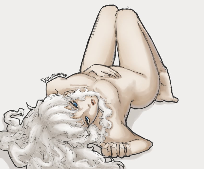 1boy berserk blue_eyes duwawamg_(artist) femboy feminine feminine_male griffith laying_down laying_on_back looking_at_viewer looking_back male male_focus male_only naked naked_male pale_skin thigh_gap thighs white_background white_hair wide_hips