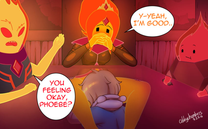 adventure_time bottomless cell_phone crown cubbychambers cunnilingus finn_the_human flame_princess flint oral randy see-through table_sex text