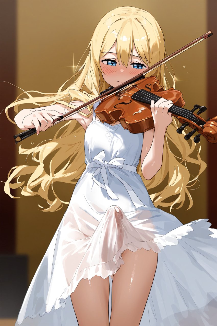 1futa ai_generated blonde_hair blue_eyes cum cum_through_clothes cumdrip doseogwan dress ejaculation embarrassed erection erection_under_clothes futa_only futanari hands-free handsfree_ejaculation long_hair miyazono_kaori panties penis penis_under_clothes penis_visible_through_clothing solo_futa sweat testicles white_dress your_lie_in_april