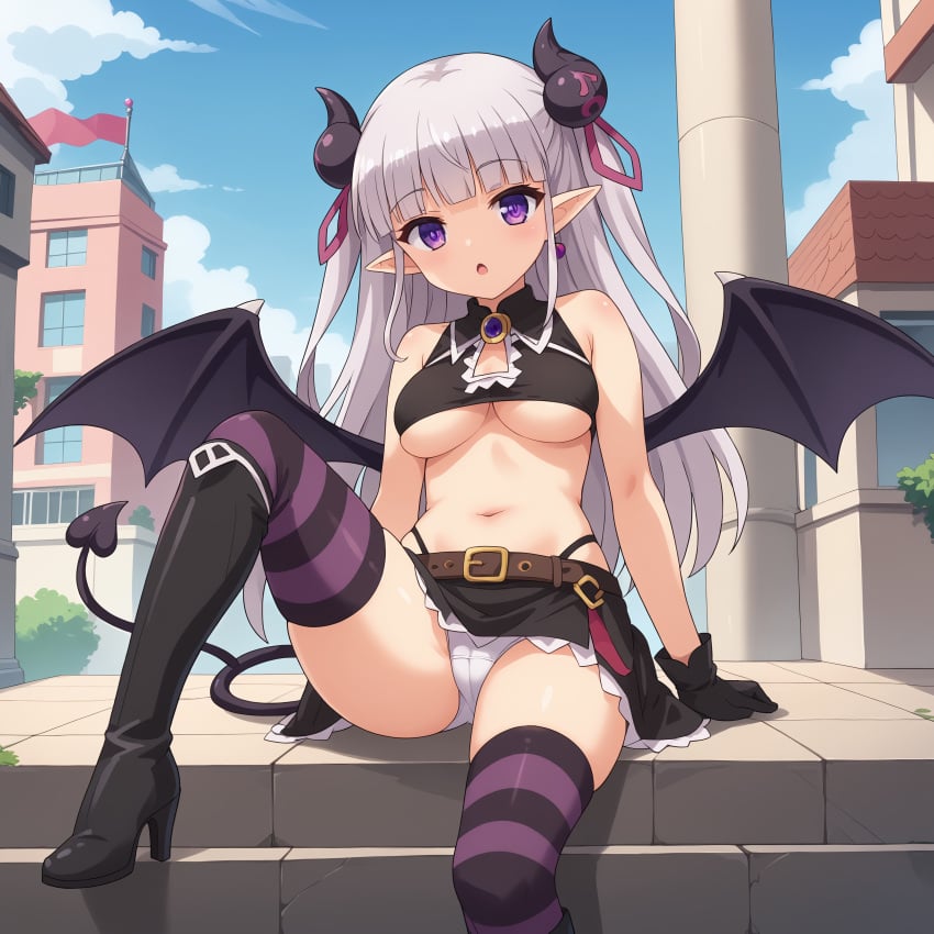 :o ascot bangs bare_shoulders bat_wings belt belt_buckle belted_skirt black_belt black_clothes black_footwear black_gloves black_legwear black_ribbon black_skirt black_thighhighs blue_sky blunt_bangs blush boots bow breasts brooch buckle building cameltoe cleavage clothing cloud crop_top day demon_girl demon_horns demon_tail demon_wings earrings elbow_gloves eyebrows eyebrows_visible_through_hair female female_only footwear frills gloves grey_hair hair_ornament hair_ribbon high_heel_boots high_heels highleg highleg_panties horns imminent_sex indifference indifferent jewelry knee_boots knee_up large_breasts legwear long_hair looking_at_viewer medium_breasts microskirt midriff miniskirt naruse_maria navel open_mouth outdoors pantsu parted_lips pleated_skirt pointed_ears purple_eyes purple_hair purple_legwear purple_thighhighs ribbon shinmai_maou_no_testament shirt shoes sitting skindentation skirt sky sleeveless smile solo spread_legs stomach striped striped_legwear striped_thighhighs succubus tail thigh_boots thighhighs thighs tied_hair two_side_up unbothered uncaring underboob underwear very_long_hair white_hair white_panties white_underwear wings