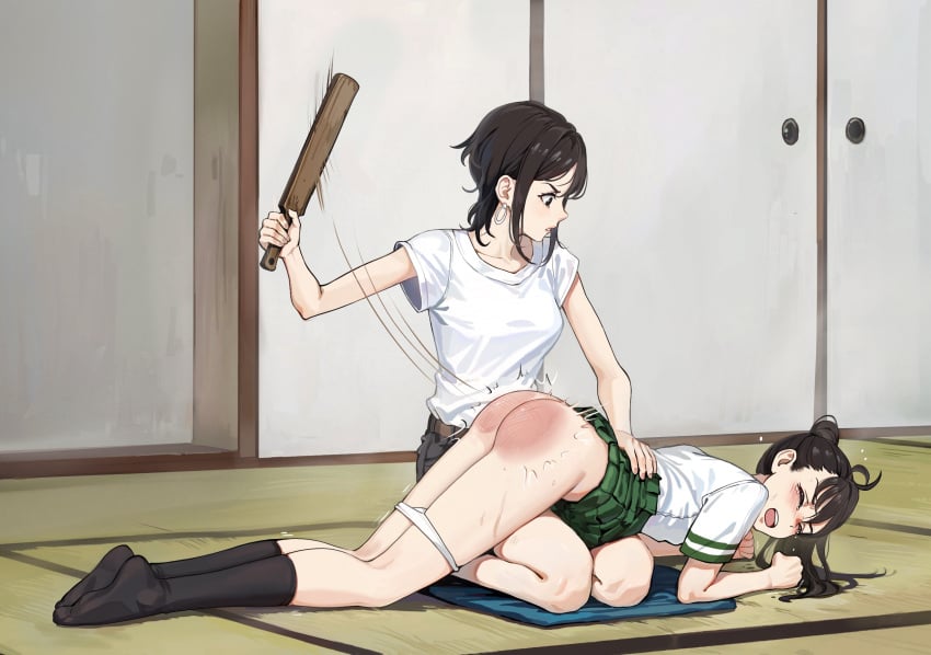 2females 2girls age_difference ass aunt_and_niece black_socks blush brown_hair clothes_lift crying earrings green_skirt hi_res highres jewelry knee_socks kneehighs kneesocks light-skinned_female light_skin long_hair medium_breasts medium_hair milf mommy motion_lines multiple_girls open_mouth over_the_knee over_the_knee_spanking panties panty_pull punishment rzcd5827 school_uniform skirt skirt_lift small_breasts socks spanked spanking suzume_(suzume_no_tojimari) suzume_no_tojimari tamaki_(suzume_no_tojimari) underwear very_high_resolution white_panties