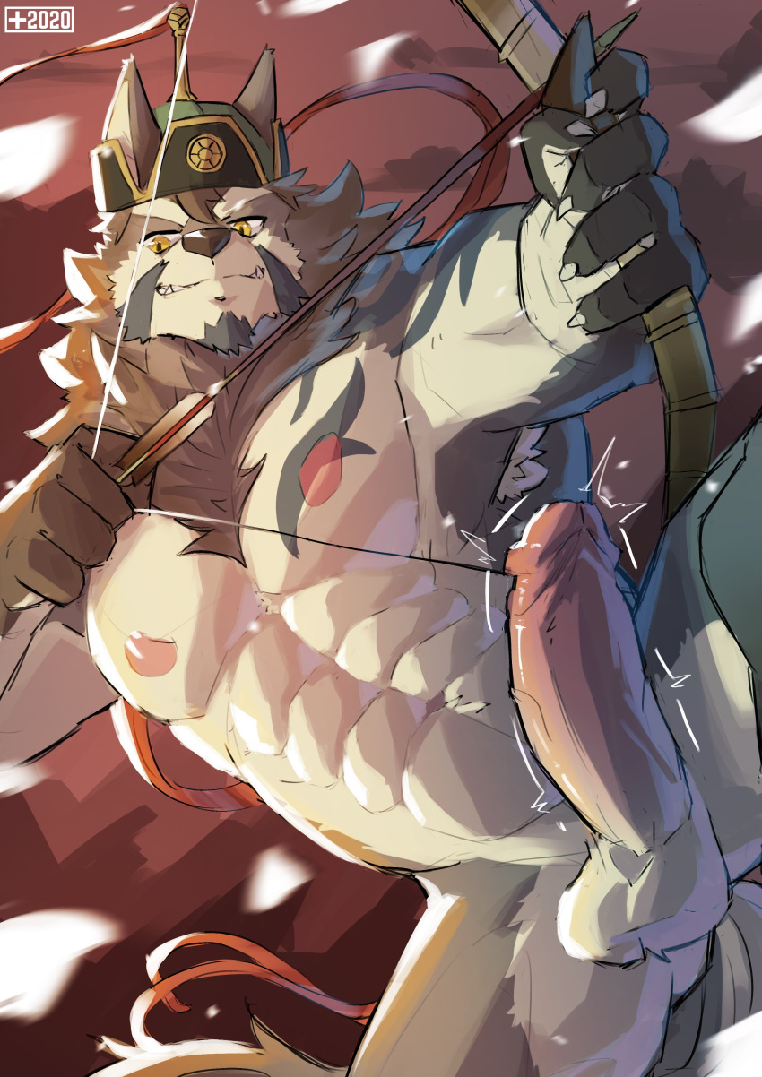 1boy 1male 2024 abs absurd_res anthro archer archery armpit_hair balls bara bara_tiddies bara_tits barazoku beard biceps body_hair bow_(weapon) canid canine canis erection fur genitals grey_body grey_fur hi_res lifewonders male mammal monsterplus18 muscular muscular_anthro nipples nude pecs penis raised_leg ranged_weapon solo temujin tokyo_afterschool_summoners toned toned_body toned_male weapon wolf yaoi zaddy