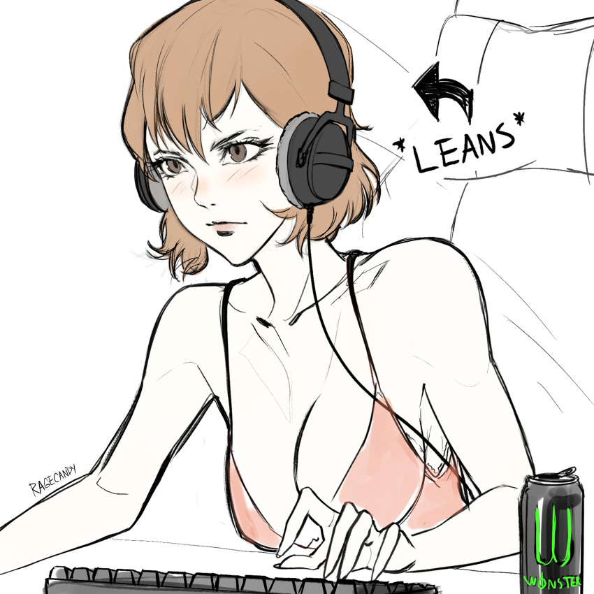 gamer_girl gaming headphones leaning_forward monster_energy_can persona persona_3 persona_3_reload playing_videogame ragecndy semi_nude sketch teacher toriumi_isako wip