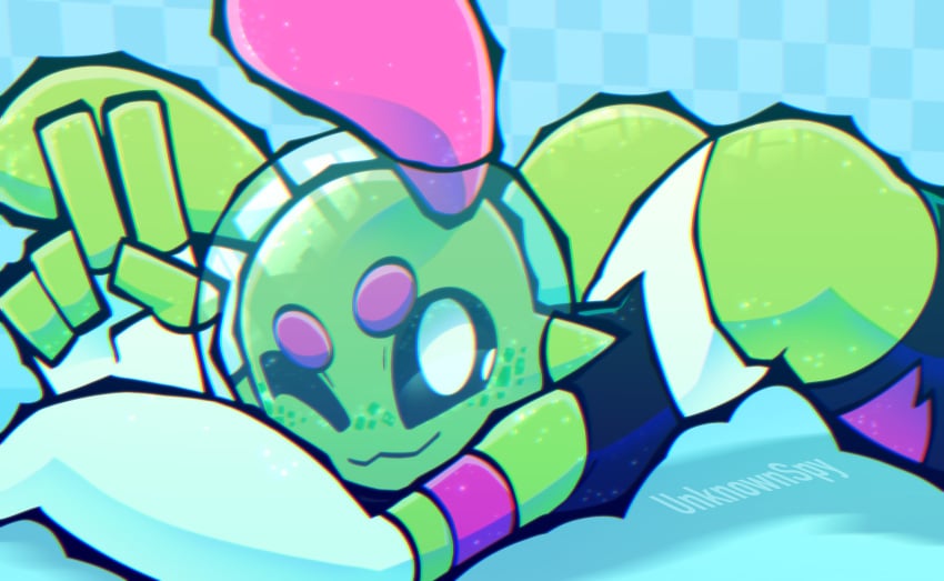 ;3 adorable alien antennae butt clothed clothing green_body green_skin lying lying_on_stomach peace_sign purple_eyebrows sploot_(unknownspy) tagme unknownspy unknownspy_(artist) wink