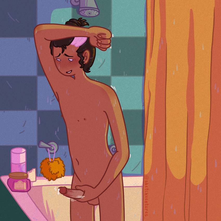 adventure_time biting_lip erection fionna_and_cake male_only masturbation shower simon_petrikov sketchventures skinny toony