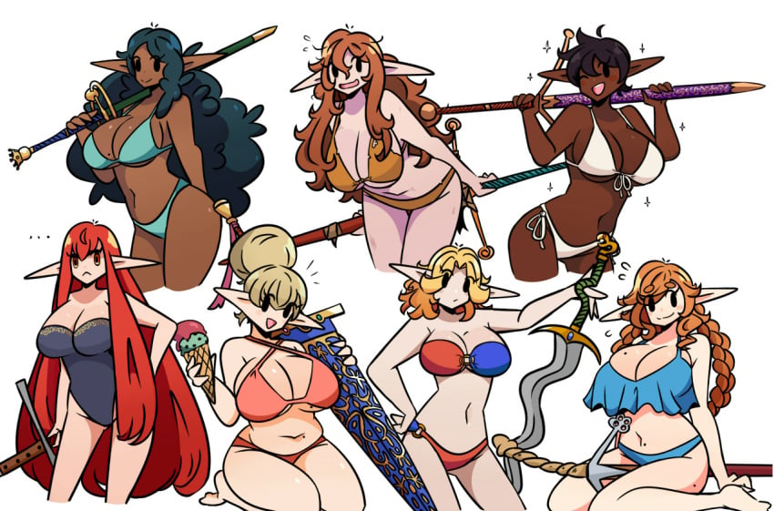 6+girls 7girls beehive_hairdo big_breasts black_hair blonde_hair blue_hair braid braided_hair breasts bro_(murgoten) brown_hair claymore_(sword) cleavage clothing curly_hair dark-skinned_female dark_elf dark_skin elf elf_ears eyebrows_visible_through_hair eyes_visible_through_hair female female_only greatsword hair_bun holding_sword holding_weapon huge_breasts ice_cream ice_cream_cone juliette_(murgoten) kneeling light-skinned_female light_skin looking_at_viewer mathilde_(murgoten) murgoten one-piece_swimsuit orange_hair original original_character original_characters red_hair short_hair stella_(murgoten) sword very_long_hair weapon white_background