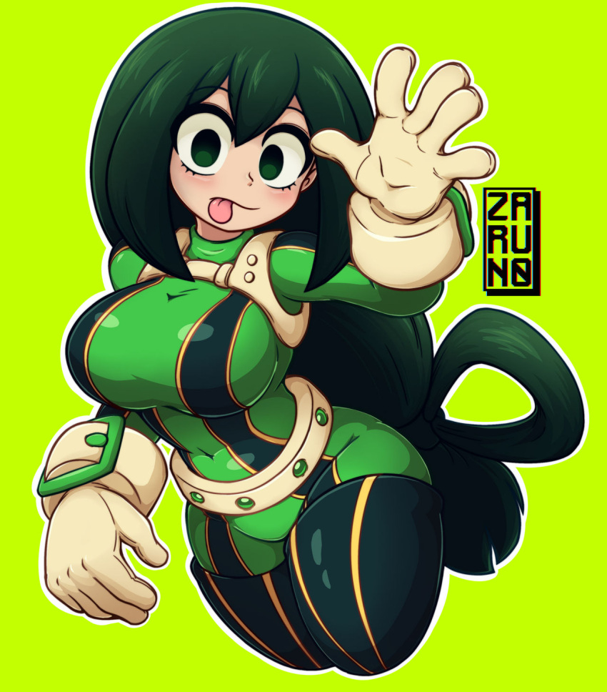 1girls 2023 artist_name ass belly_button belly_button_visible_through_clothing belt big_ass big_breasts bodysuit breasts busty clothed clothed_female clothes clothing curvaceous curvy eyelashes female front_view fully_clothed gesture gloves green_clothing green_eyes green_hair hair handwear hero_outfit_(mha) hourglass_figure human large_ass large_breasts legs_together legwear light-skinned_female light_skin long_hair looking_at_viewer my_hero_academia navel navel_visible_through_clothes signature simple_background skin_tight solo standing stomach thick_thighs thighhighs thighs tongue tongue_out tsuyu_asui voluptuous waving wide_hips zaruno