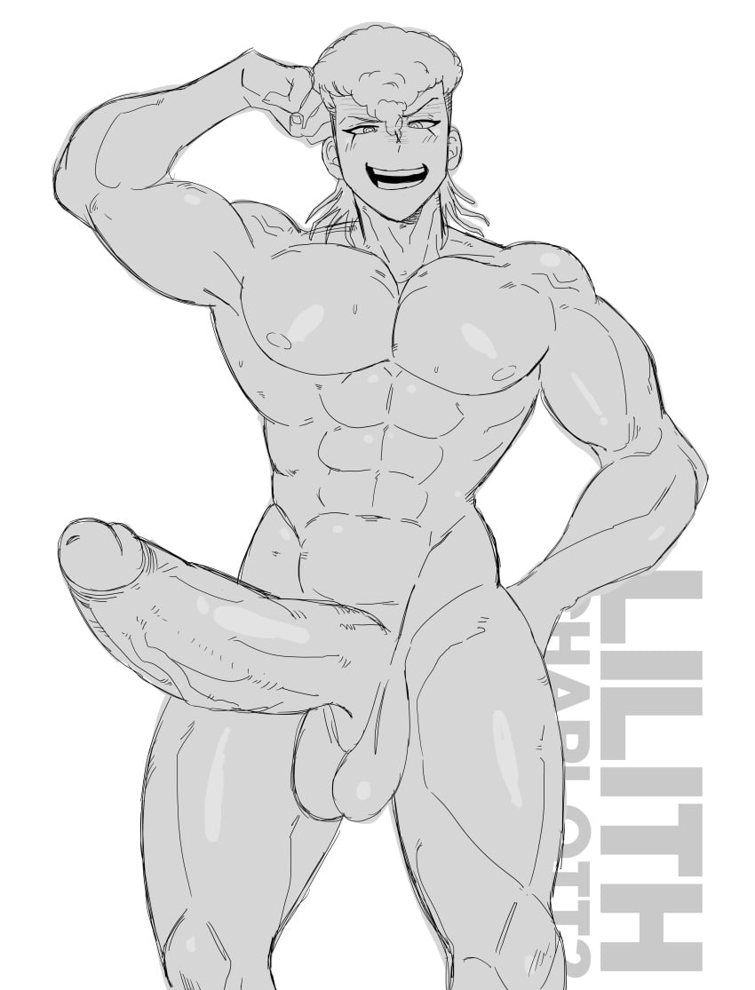 1boy 1male bara biceps big_penis cocky danganronpa giant_penis grin lilithcharlott2 looking_at_viewer male_only mondo_oowada muscles muscular muscular_male sketch solo solo_male wip