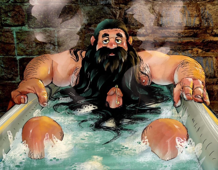 1boy bara bathtub beard blush boner brown_hair completely_nude dungeon_meshi dwarf embearassing_art erection facial_hair feet_out_of_frame hairy half-closed_eyes highres knees_up large_hands long_beard looking_at_viewer male_focus male_only nude outstretched_arms pectorals penis precum precum_drip senshi_(dungeon_meshi) solo spread_arms steam thick_arm_hair thick_chest_hair thick_mustache uncensored very_long_beard wrinkled_skin