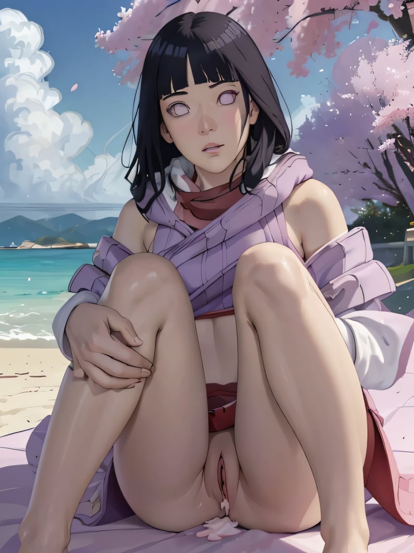 1girls ai_generated beach beautiful_background black_hair boruto:_naruto_next_generations bottomless cherry_blossoms cum cum_in_pussy female hyuuga_hinata lake lavender_eyes legs_apart light-skinned_female light_skin long_hair naked naruto nude nude_female partially_clothed petals posing posing_for_the_viewer pussy slim_waist small_breasts solo sweater teenager water