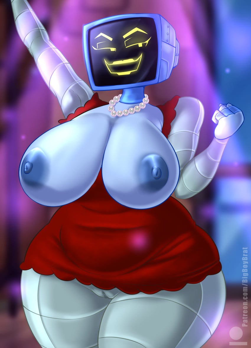 1girls 2d areolae big_breasts breasts breasts_out busty clothing dress female female_only huge_breasts humanoid karen_plankton large_breasts looking_at_viewer necklace nipple_bulge nipples pearl_necklace pussy robot robot_girl robot_humanoid screen_face solo spongebob_squarepants teenagebratwurst thick_thighs tv tv_head wide_hips