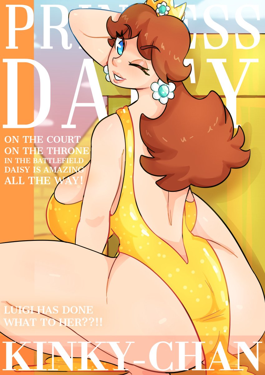 big_ass big_breasts bimbo blue_eyes bottom_heavy bottomwear brown_hair crown dat_ass dress earrings female female_focus female_only kinkychanart large_breasts looking_at_viewer mario_(series) partially_clothed princess_daisy sitting skimpy skimpy_clothes thick_thighs