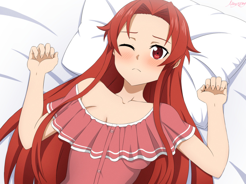 1girls alternate_version_available bed blush collarbone dress eyebrows eyelashes female female_only fingernails hi_res long_hair looking_at_viewer looking_up lying lying_on_back lying_on_bed male_pov mysteryctu one_eye_closed pov red_eyes red_hair sfw shaded solo solo_female straight_hair sword_art_online tiese_shtolienen