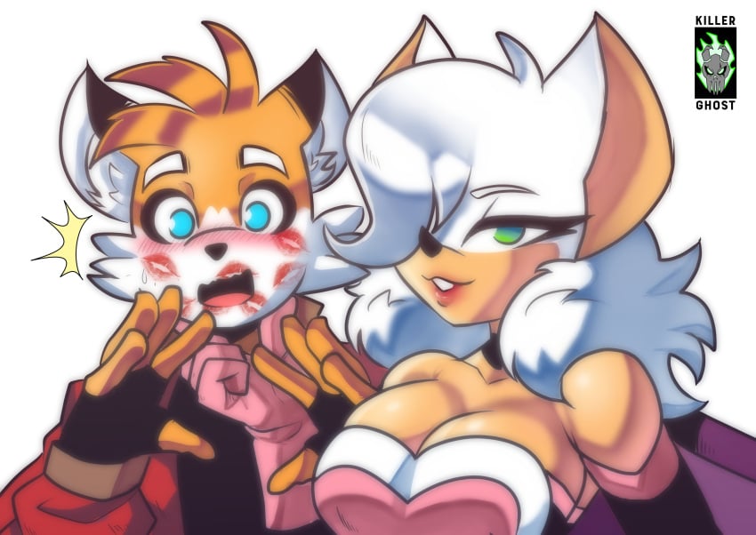 age_difference aged_up anthro bare_shoulders bat big_breasts breasts canid canine cleavage clothing duo female fox gloves green_eyes hair_over_one_eye hi_res killerghost kiss_mark lipstick makeup male male/female mammal older_female parted_lips red_lipstick rouge_the_bat sega selfie smiling sonic_(series) sonic_the_hedgehog_(series) tails white_fur younger_male