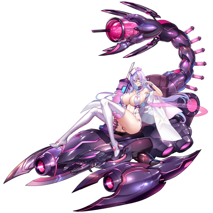 absurdres arm_cannon boots breasts chair cross_ornament dildo dual_arm_cannons eyepatch female fingerless_gloves full_body gloves high_heel_boots high_heels highres holding holding_syringe hovercraft huge_breasts large_syringe long_hair looking_at_viewer medical_eyepatch mixed-language_commentary non-humanoid_robot oversized_object purple_hair q_azieru revealing_clothes robot robot_animal scorpion sex_toy simple_background sitting solo star_lusts syringe test_tube thigh_boots transparent_background very_long_hair watercraft weapon white_background white_footwear white_gloves white_headwear