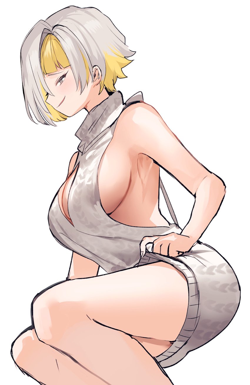 1girl 1girls cleavage clothing female_focus female_only kromer_(limbus_company) light-skinned_female light_skin limbus_company migishita project_moon short_hair sweater thighs turtleneck virgin_killer_sweater white_hair yellow_highlights