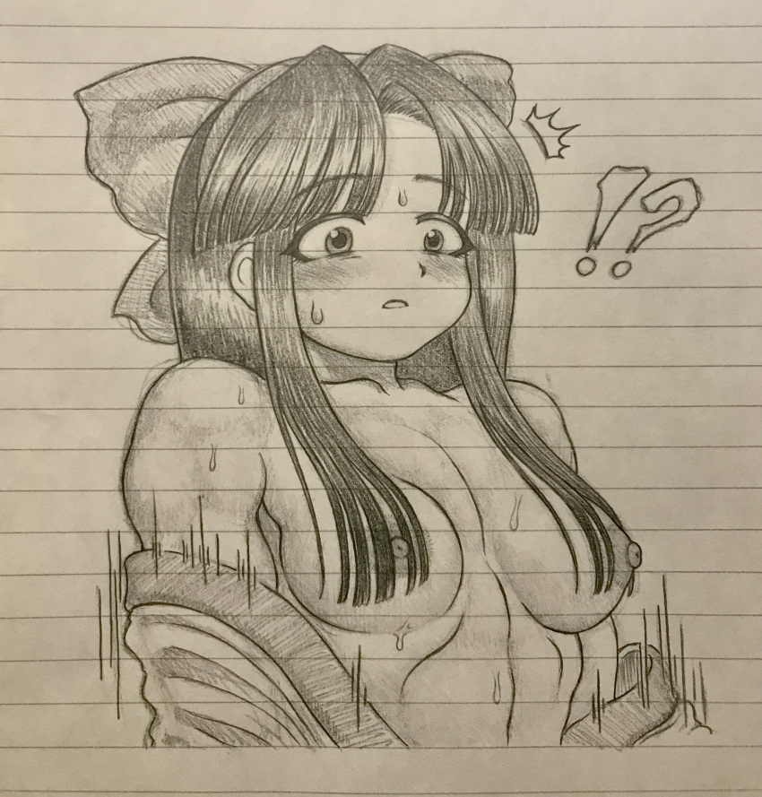 !? 1girls ainu_clothes black_hair blush breasts clothes_pull hair_ribbon highres king_of_fighters long_hair looking_down medium_breasts monochrome nakoruru nipples nude open_clothes parted_lips ribbon samurai_shodown sketch snk solo surprised sweat toned traditional_media wardrobe_malfunction