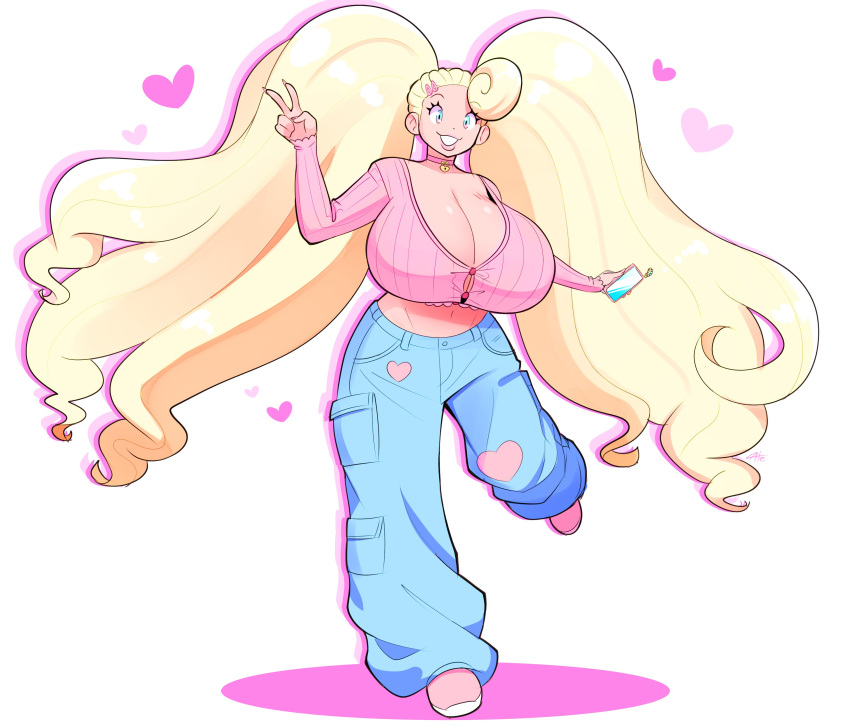 1girls :3d baggy_pants big_breasts big_hair bimbo bimbo_body blonde_hair breasts cleavage curled_hair female fully_clothed honey_(gandg) huge_breasts huge_hair jeans large_breasts long_sleeves original peace_sign phone pink_sweater smartphone solo sweater teeth theycallhimcake thick_thighs twintails twintails_(hairstyle) v wide_hips