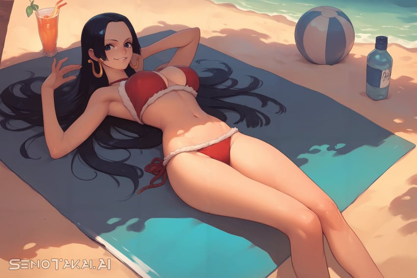 1girls ai_generated bare_arms bare_legs bare_shoulders bare_thighs beach big_breasts bikini bikini_bottom bikini_top black_hair blue_eyes boa_hancock clothed clothing color female female_focus female_only hi_res large_breasts light-skinned_female light_skin long_hair one_piece sand sea senotakai_ai shounen_jump solo solo_female tagme thick_thighs water