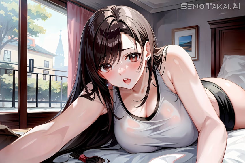 1girls ai_generated bare_arms bare_shoulders bed big_breasts brown_hair clothed clothing color female female_focus female_only final_fantasy final_fantasy_vii hi_res large_breasts light-skinned_female light_skin long_hair on_bed red_eyes senotakai_ai solo solo_female square_enix tagme thick_thighs tifa_lockhart