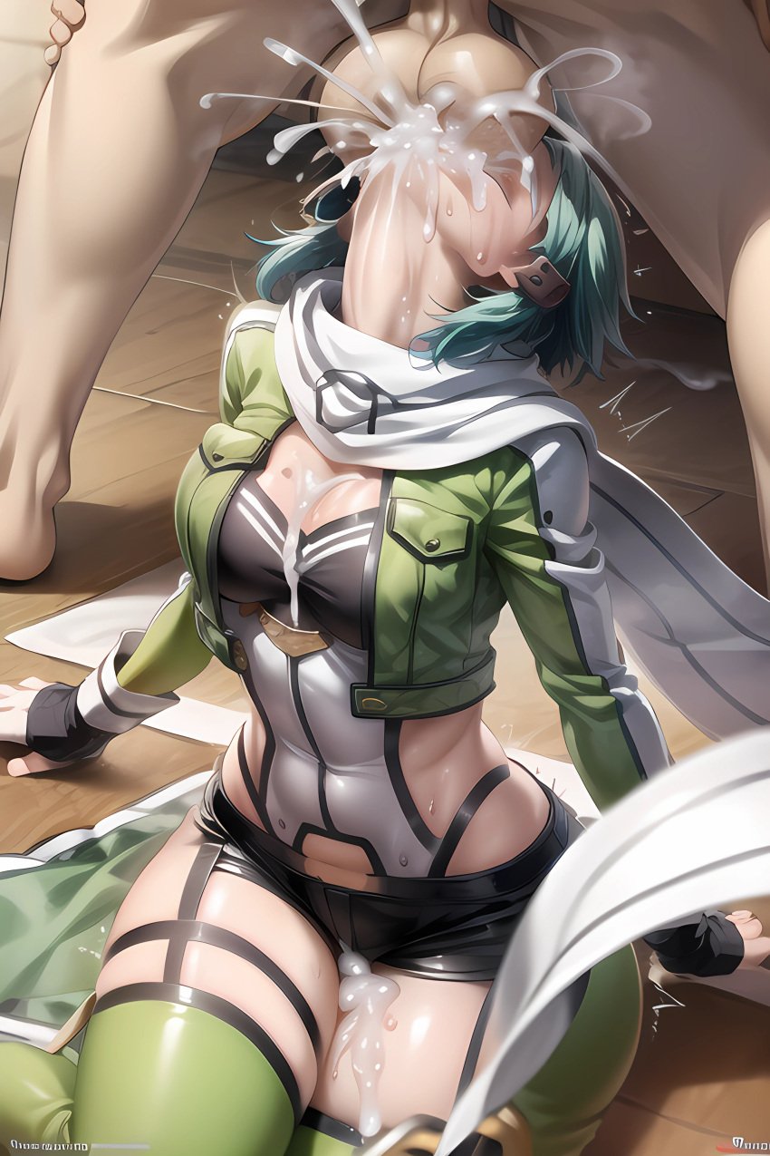 1girls ai_generated arched_back backsack balls ballsack blowjob blue_hair cum cum_in_mouth cum_in_throat deepthroat fellatio female oral oral_sex sinon skybeaai sword_art_online sword_swallowing_position testicles throat_bulge throat_fuck