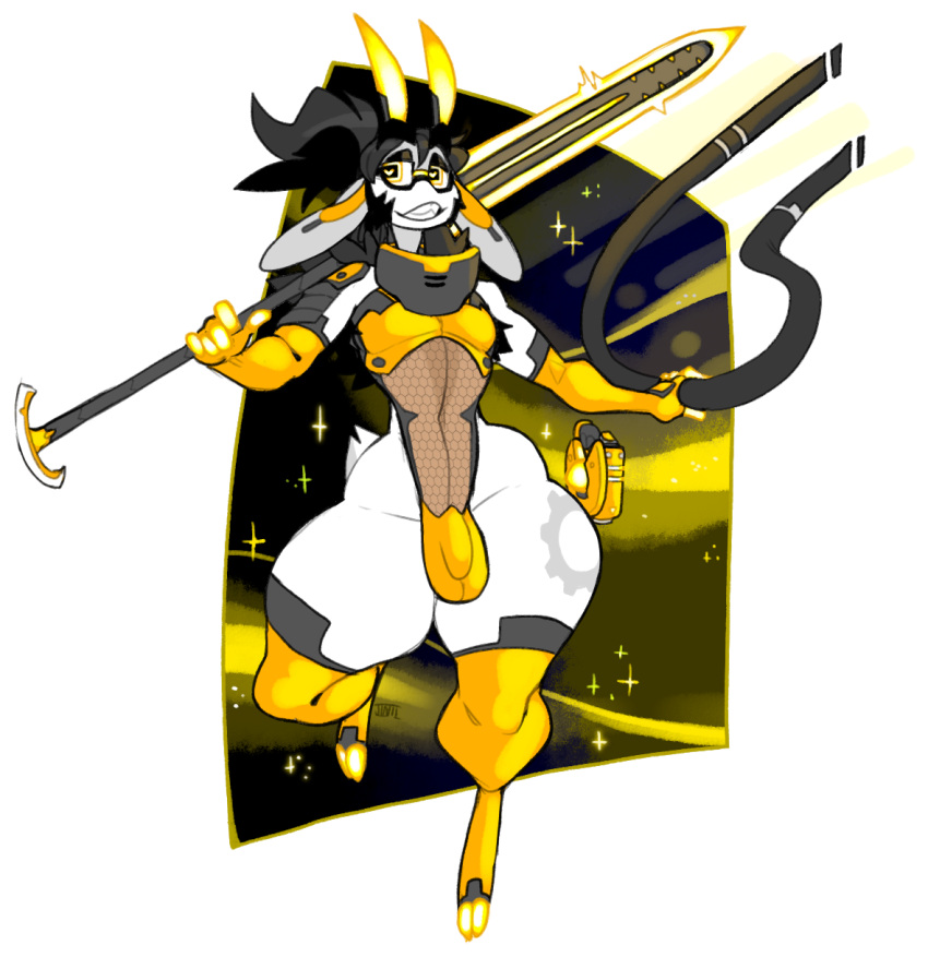 2023 alpha_channel anthro big_ears black_hair bovid bulge caprine colored digital_media_(artwork) fur goat grey_body grey_fur hair hi_res jinti jinti_(artist) machine male mammal melee_weapon robot solo space star sword transparent_background weapon yellow_eyes