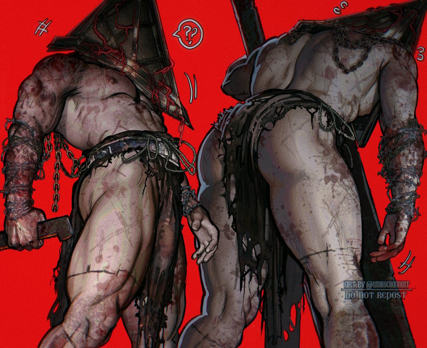 1boy 1male 5_fingers ?? ass blood blood_on_body chains dat_ass dead_by_daylight detailed holding_object holding_weapon horror light_skin looking_at_viewer male male_focus male_only mostly_nude muscular muscular_male nightmare_husbando nipples object_head partially_clothed pecs pyramid_head red_background scar silent_hill solo solo_male tagme thick_thighs thighs umikochannart weapon