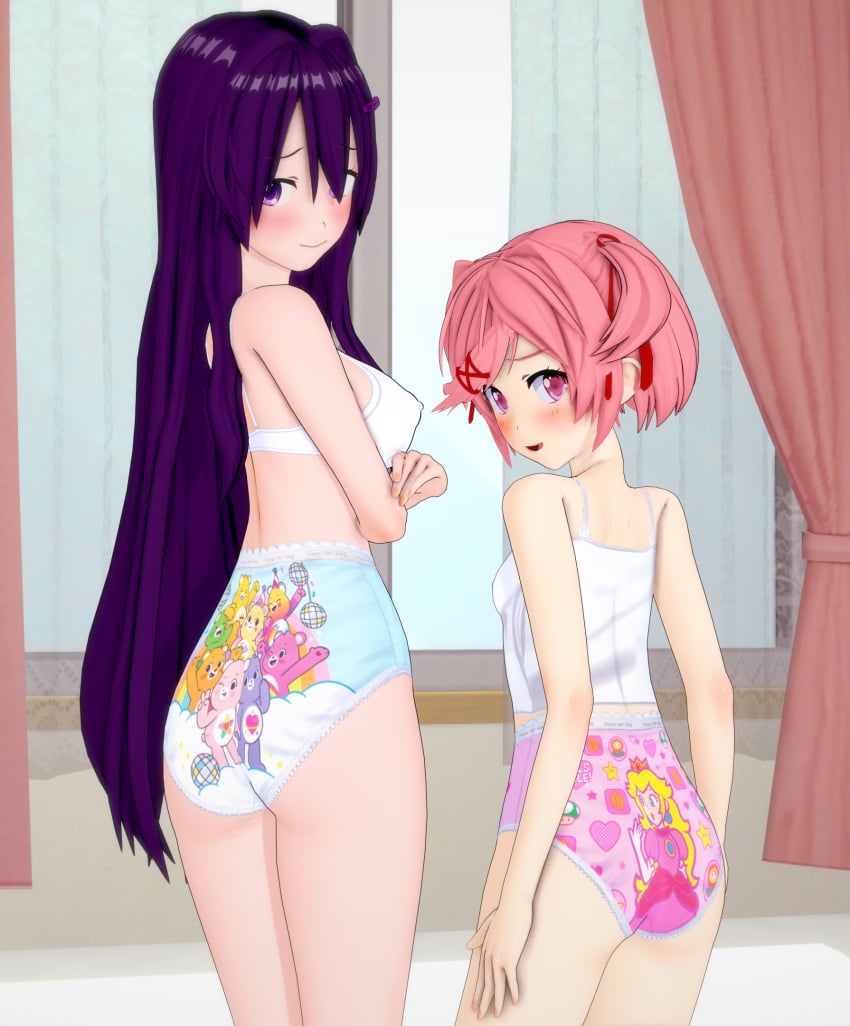 2girls 3d ass blush bra camisole care_bears childish_panties doki_doki_literature_club female female_only granny_panties high_waisted_panties human itzalksr koikatsu looking_at_viewer looking_back mario_(series) multiple_girls natsuki_(doki_doki_literature_club) panties pink_hair princess_peach purple_hair smile smiling standing underwear underwear_only yuri_(doki_doki_literature_club)