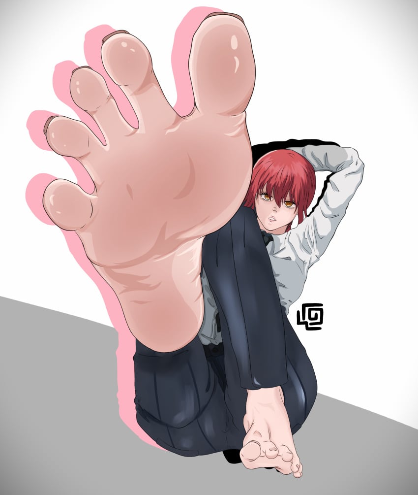 arms_behind_head barefoot_under_trousers chainsaw_man feet feet_up foot_fetish foot_focus foot_play full_body fully_clothed makima_(chainsaw_man) orange_eyes pinup presenting_feet red_hair shirt soles spread_toes suit toes wrose yellow_eyes