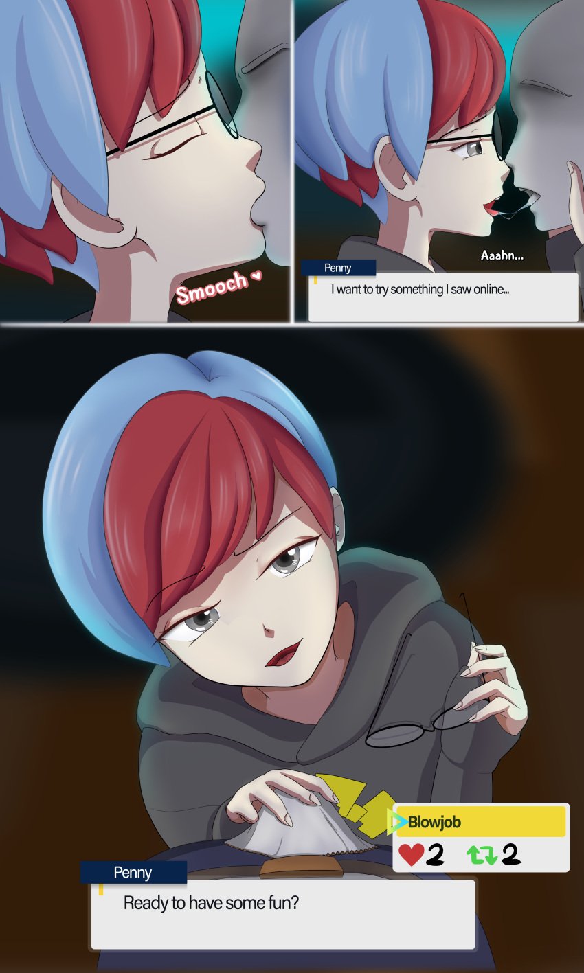 blue_hair bulge bulge_through_clothing c.k. glasses glasses_removed gray_eyes high_resolution highres kissing light-skinned_female penny_(pokemon) pokemon pokemon_sv red_hair saliva_trail seductive_look seductive_smile sex_game strip_game touching_penis