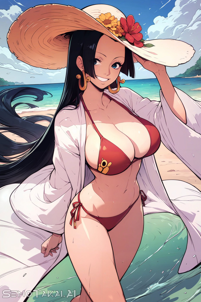 1girls ai_generated bare_arms bare_legs bare_shoulders bare_thighs beach big_breasts bikini bikini_bottom bikini_top black_hair blue_eyes boa_hancock clothed clothing color female female_focus female_only hat hi_res large_breasts light-skinned_female light_skin long_hair one_piece sand sea senotakai_ai shounen_jump solo solo_female tagme thick_thighs water