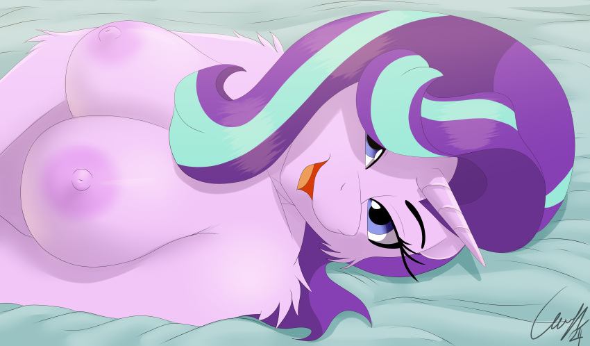 anthro areola big_breasts blue_eyes breasts equine female friendship_is_magic furry hasbro horn matimus91 my_little_pony nipples pink_body pink_fur purple_hair smile solo starlight_glimmer unicorn