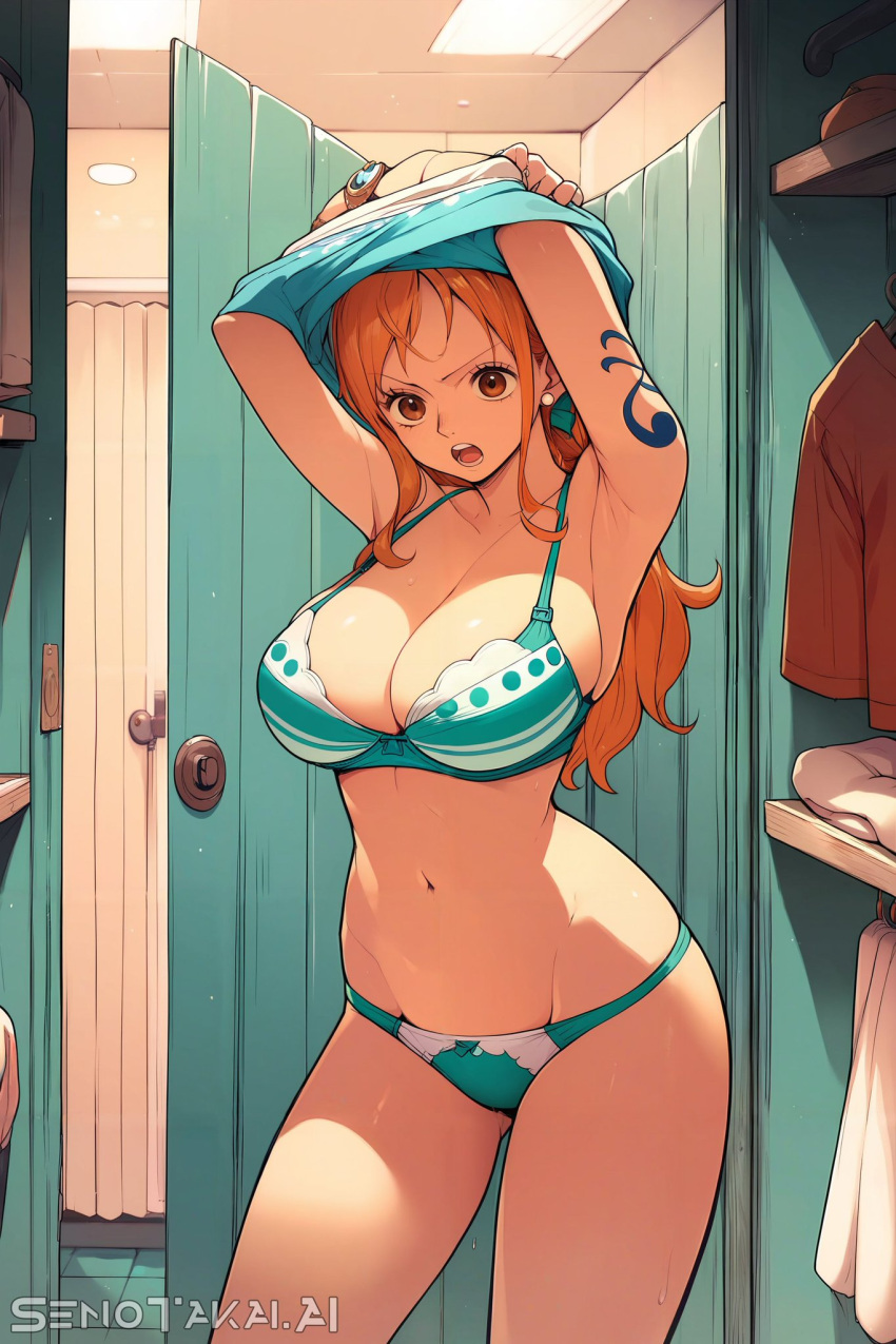 1girls ai_generated bare_arms bare_legs bare_shoulders bare_thighs big_breasts bikini bikini_bottom bikini_top changing_room clothed clothing color female female_focus female_only hi_res large_breasts light-skinned_female light_skin long_hair nami nami_(one_piece) one_piece orange_eyes orange_hair post-timeskip senotakai_ai shounen_jump solo solo_female tagme thick_thighs undressing