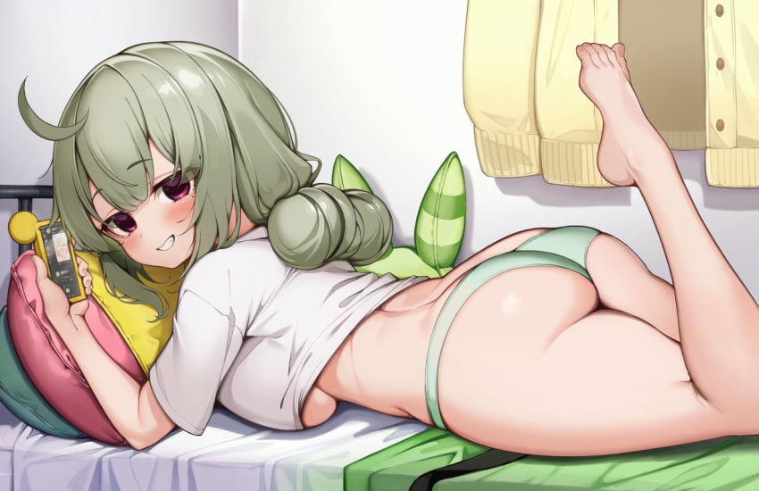 araga_kiwi barefoot bedroom blush cellphone feet feet_up grin holding_object holding_phone jacket kaptivate large_ass large_breasts looking_at_viewer lying_on_bed lying_on_stomach mahou_shoujo_ni_akogarete one_leg_up panties short_sleeves shortstack smile toenails toes twitter underboob white_t-shirt yellow_jacket