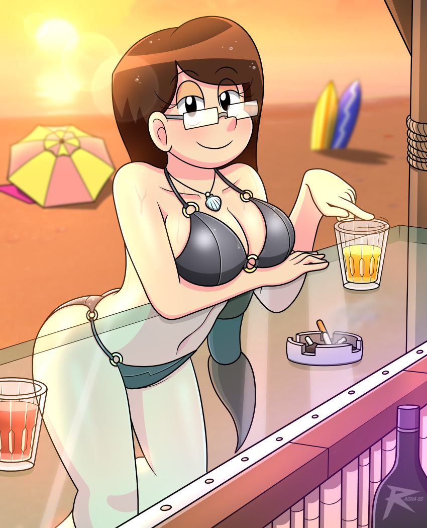 amanda_bright beach bikini black_bikini breasts drink female female_only glasses half-closed_eyes lady_ace looking_at_viewer raishags smile smiling solo solo_female swimsuit swimwear the_loud_house