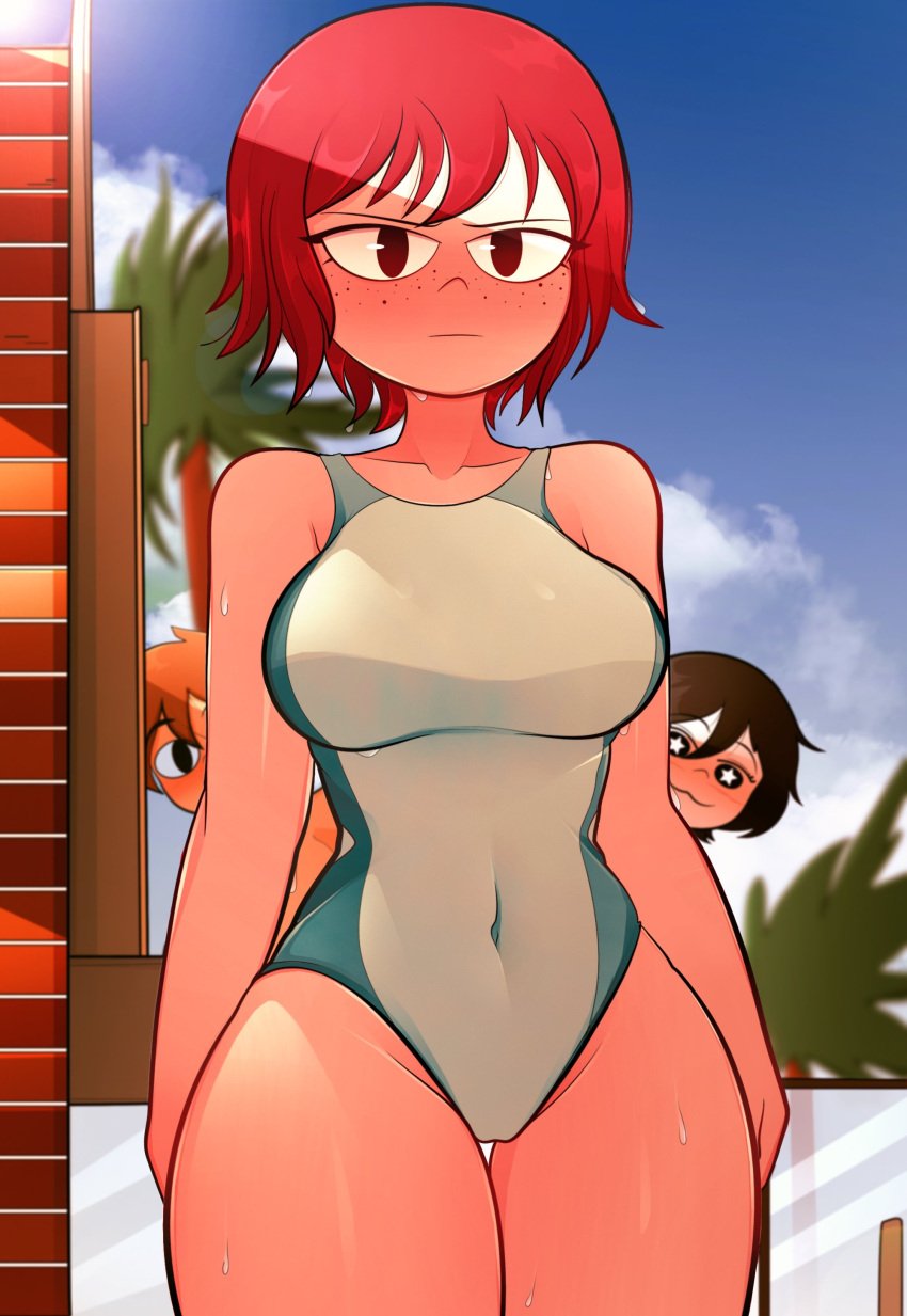 1boy 2girls :3 arkeus asian black_eyes black_hair chinese female freckles kim_pine knives_chau male orange_hair red_eyes red_hair scott_pilgrim scott_w_pilgrim short_hair star-shaped_pupils swimsuit wet wet_body