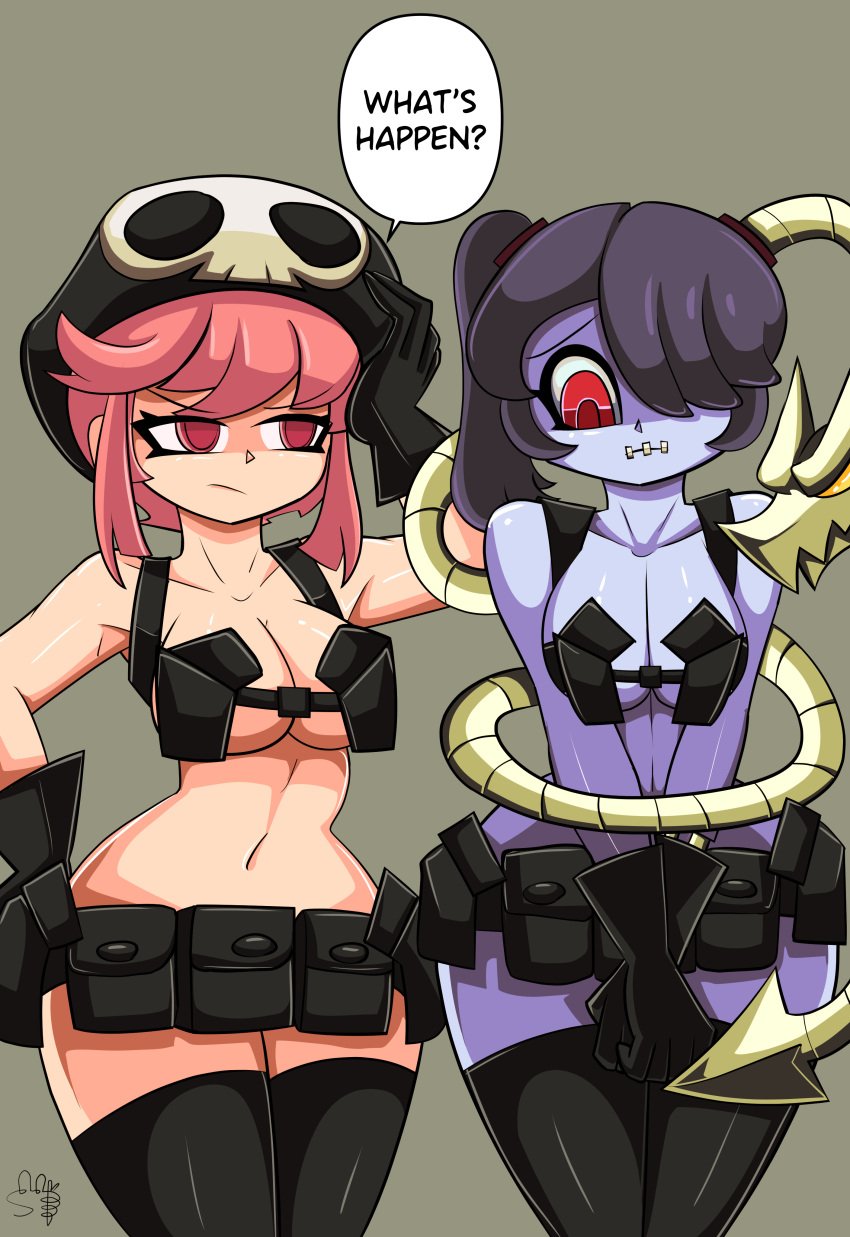 2girls alternate_costume breasts crossover eastern_and_western_character female female_only jakuzure_nonon kill_la_kill pink_hair sautencrer skullgirls squigly zombie zombie_girl