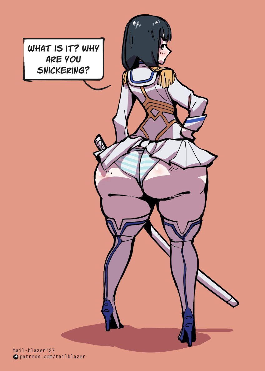 1girls ass bakuzan big_ass bottom_heavy digital_media_(artwork) eyebrows eyelashes eyes fat_ass female female_focus fit fit_female hair hips hourglass_figure huge_ass huge_breasts junketsu kill_la_kill kiryuuin_satsuki large_ass legs light-skinned_female light_skin lips slim slim_thick slim_waist speech_bubble sword tail-blazer thick thick_hips thick_legs thick_thighs thigh_highs thighs voluptuous voluptuous_female waist wide_hips