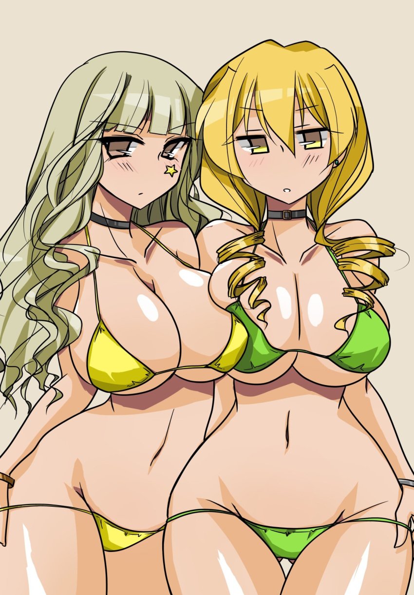 1girls 2girls big_breasts bikini bikini_pull blonde_hair breast_press breasts brown_eyes busty character_request child_bearing_hips cleavage clothes_pull curvy drill_hair female female_only green_bikini half-closed_eyes highres large_breasts legs long_hair looking_at_viewer multiple_girls navel parted_lips pulling_own_clothes swimsuit teasing thick_thighs thighs thong_bikini twin_drills underboob voluptuous wide_hips yellow_bikini yellow_eyes