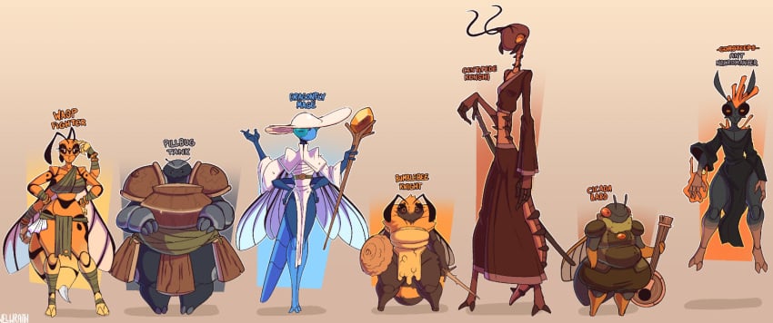 4_arms ant anthro armor banjo breasts bugs bumblebee centipede chubby cicada_(animal) clothing dragonfly female_only fur insects levitation no_genitals_shown pillbug safe_for_work sfw shortstack tall_female wasp weapon welwraith wide_thighs