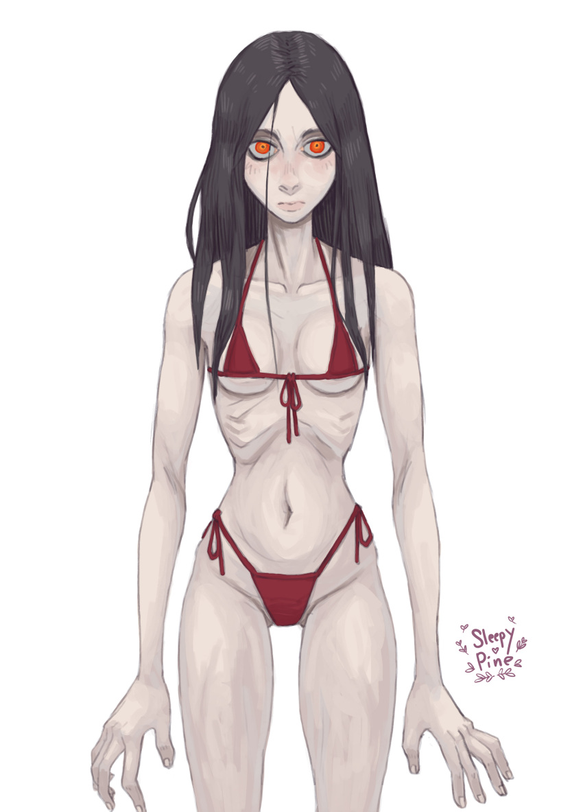 1girls 2d alma_wade bikini black_hair blush breasts f.e.a.r. f.e.a.r._2 female female_only ghost ghost_girl long_hair looking_at_viewer navel pale-skinned_female pale_skin perky_breasts red_eyes skinny skinny_female skinny_girl sleepypine_(artist) solo_female teenage_girl teenager thigh_gap thighs