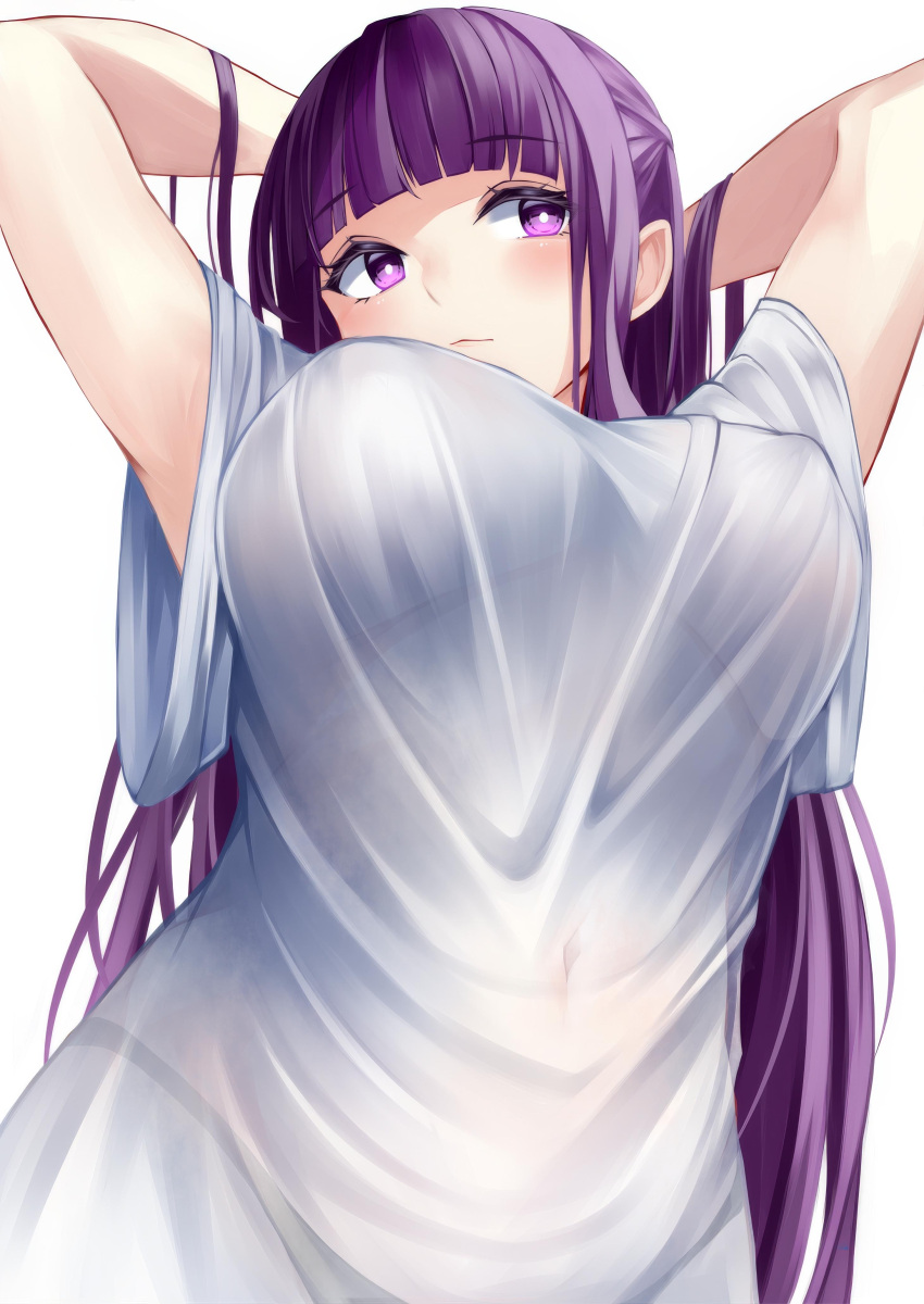 big_breasts big_breasts clothed fern_(sousou_no_frieren) hands_behind_head irohara navel purple_eyes purple_hair see-through_clothing simple_background sousou_no_frieren