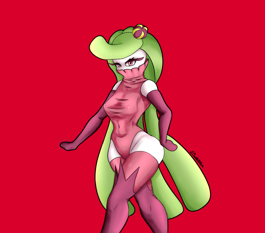 big_thighs digital_art generation_7_pokemon green_hair medium_breasts nintendo pink_outfit pokémon_(species) pokemon pokemon_(species) pokephilia sfw the_shadowbhor tsareena white_skin