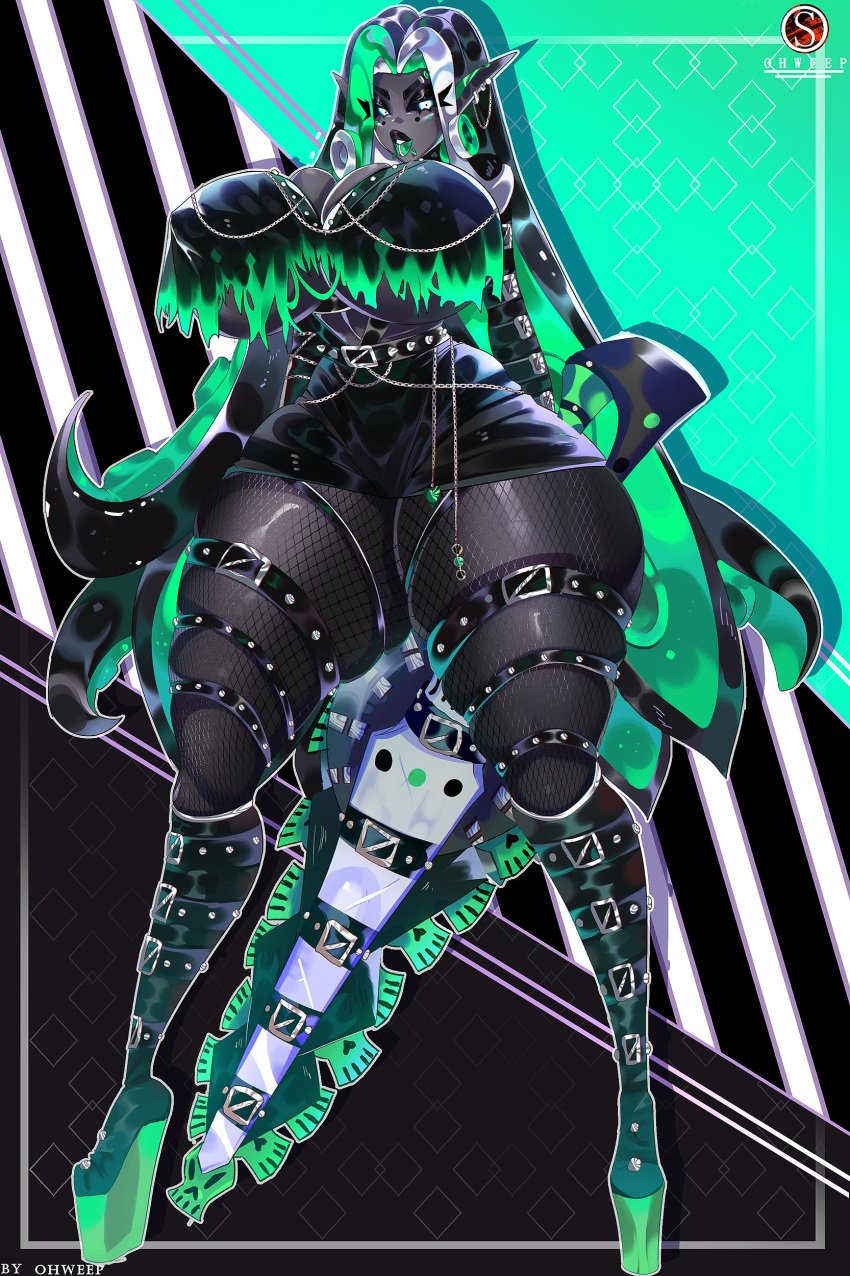 1girls 2024 2d 2d_(artwork) belt big_breasts black_hair boots breasts chains child_bearing_hips cleavage crop_top dress female female_focus female_only fishnets goth green_hair grey_body hi_res high_heels highres hips huge_thighs large_breasts looking_at_viewer multicolored_hair octopus_girl ohweep original original_character platform_heels pointy_ears ripped_clothing simple_background skimpy skimpy_clothes skindentation slim_waist solo solo_female solo_focus spiked_belt tentacle_hair two-tone_hair white_eyes wide_hips