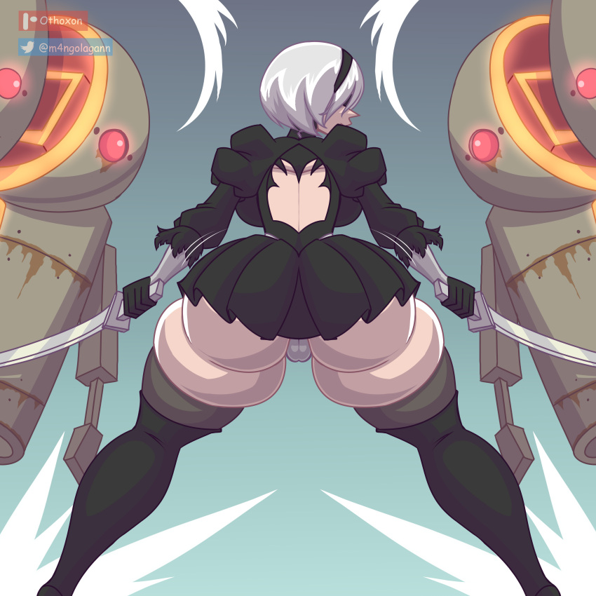 1girls ass big_ass big_breasts blindfold bottom_heavy breasts fat_thighs female female_only hairband huge_ass ineffective_clothing light-skinned_female light_skin nier nier:_automata othoxon rear_view short_hair short_skirt skirt solo thick_thighs thighhighs white_hair yorha_2b